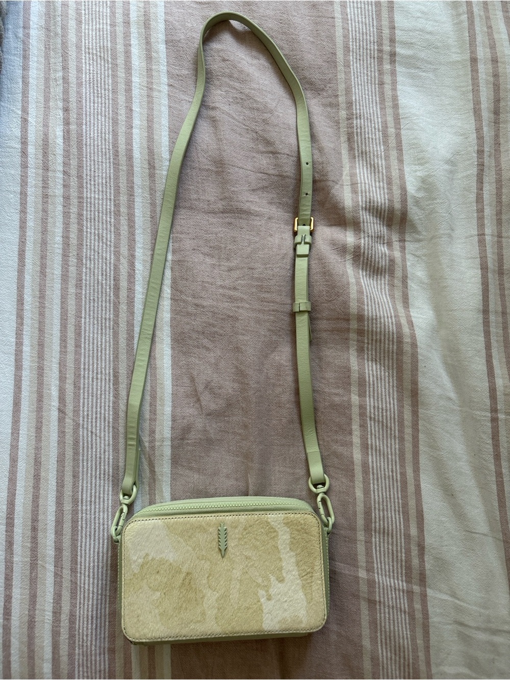 Light Green Tan Camo Crossbody Bag with Haircalf Panel